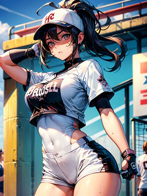 high quality,hd,16k,1girl,female softball athlete ,cute face, large breasts, slender body, delicate body,nice legs, sweat,in softball venue,focus girl,detailed beautiful face,detailed clothes,beautiful eyes,cool,dynamic angle