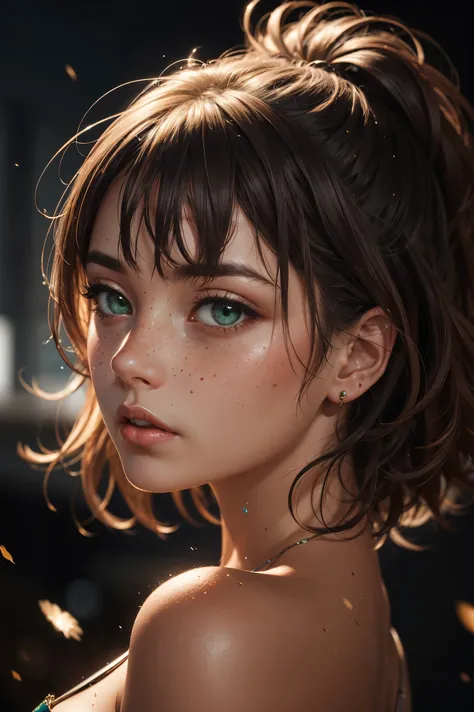 1 girl, ven:0.3) woman, candid portrait, establishing shot, detailed background, atmospheric, hair flowing in the wind, naked, white hair, tan skin, oily skin, wet hair, freckles, green eyes, floating particles, backlightinasterpiece))), (((masterwork))), ...