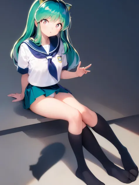 ((solo)),((Sitting on the floor pose)), (urusei yatsura),(Ram-chan),  black stockings,white panties, messy hair,((sailor suit)),(navy pleated skirt),(Blue sailor color),simple background, nipple, floating in the air,  eyes purple, (masterpiece),(best quali...