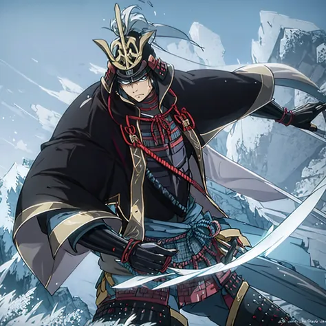 a man in samurai armor, holding a katana, ice power, in a castle