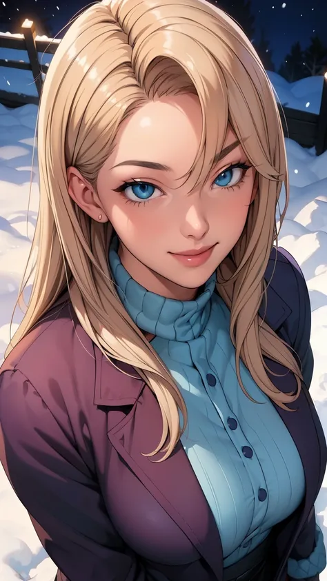 (masterpiece), (best quality), 1girl, (perfect face:1.2), (beautiful face:1.2), platinum blonde hair, (from above, upper body:1.3), happy, light smile, looking at viewer, pose, 
winter coat, outdoors, winter, snow, night time, intricate, depth of field, ci...