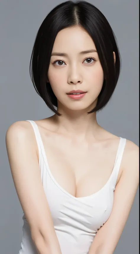 Japanese, Women of short stature, petite physique, Medium build, medium height, slightly plump, Short arms, single eyelid, long slit eyes, Ephemeral atmosphere, 30-year-old girl, black bob hair, ((thin lips)), white top and bottom underwear, muste piece, b...