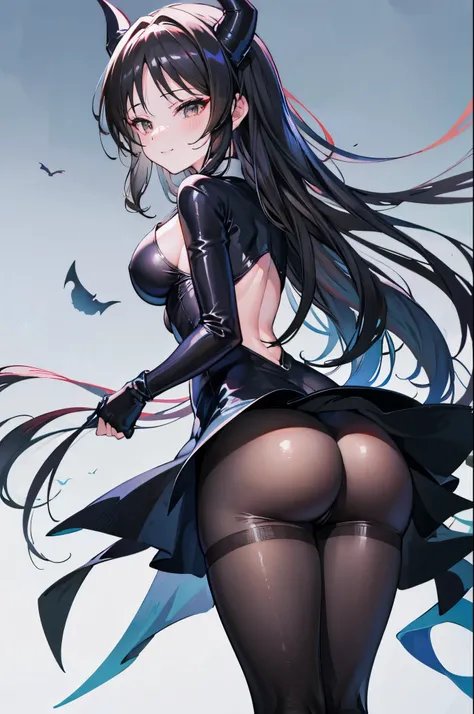 Carefully draw the face　anime style face　big breasts　big butt　plump thighs　Black full body suit　black pantyhose　smile　succubus　back view