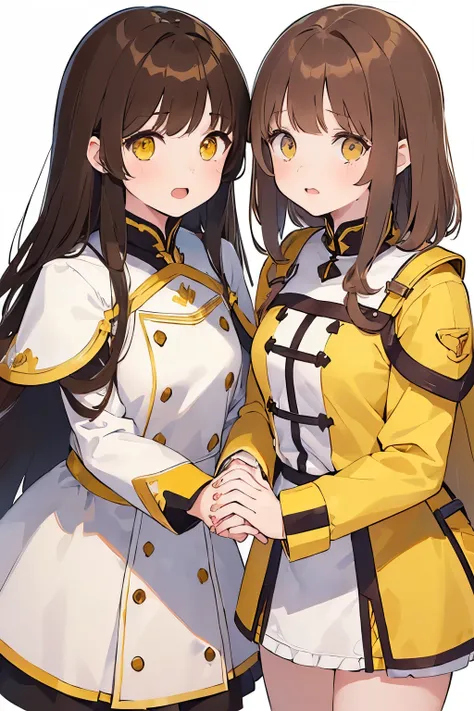 (((2 girls, two))), Holding hands, ((Left girl, Brown hair, long hair, sad face, yellow eyes, Bright eyes)), ((Right girl, Brown hair, short hair, joyful face, yellow eyes, Bright eyes)), White armor, black shoulder pads.