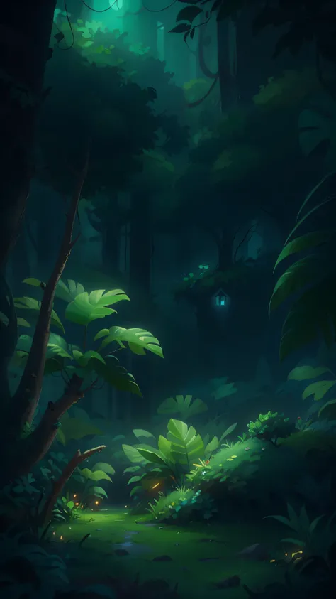 Tropical rainforest at night，Pixar cinematic style, best quality, movie stills, 