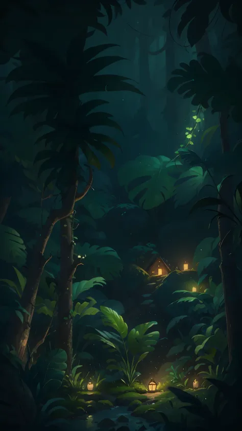 Tropical rainforest at night，Pixar cinematic style, best quality, movie stills, 