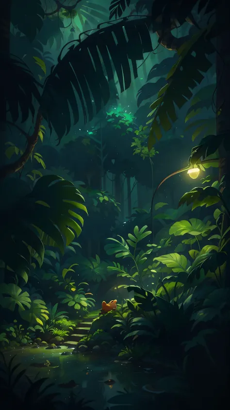 Tropical rainforest at night，Pixar cinematic style, best quality, movie stills, 