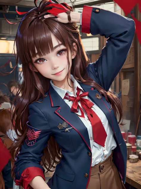 ((Brown hair long hair))、smile、　red eyes、   Magic Punk AI Street  , cluttered environment、make bangs、Navy blue blazer school uniform with red ribbon、
