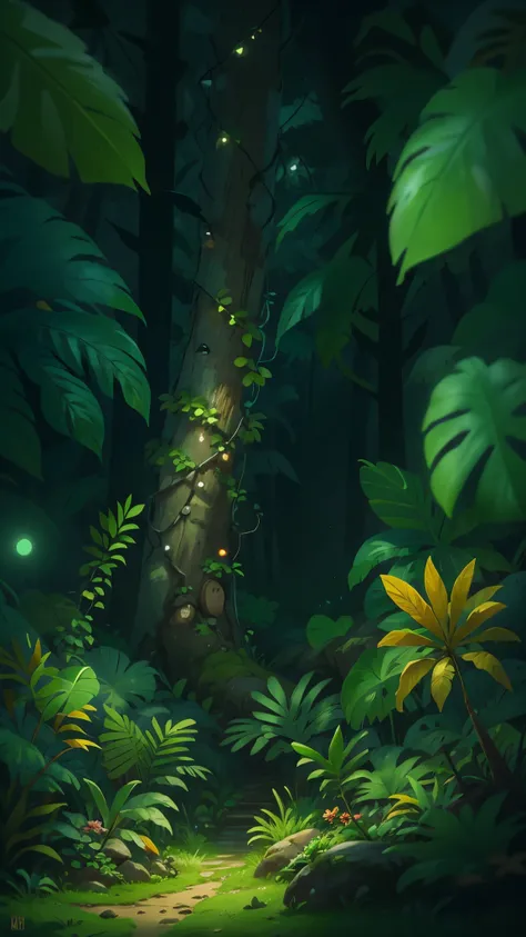 Tropical rainforest at night，Pixar cinematic style, best quality, movie stills, 