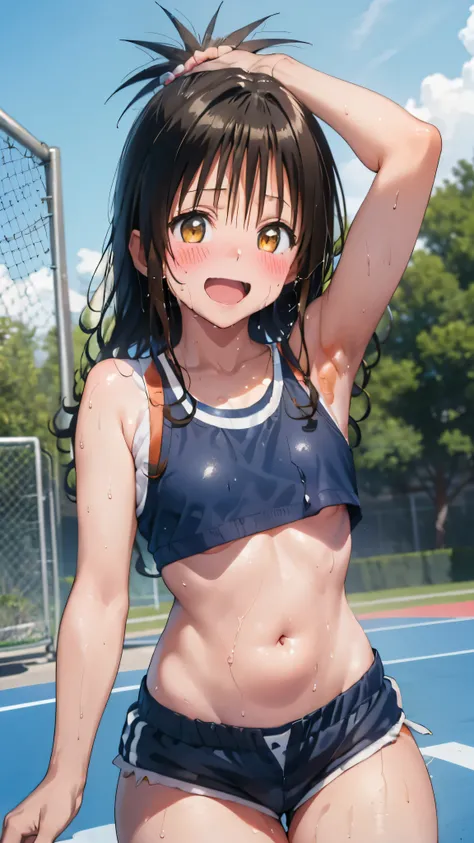 1 female,black hair,((12 years old)),(((white and blue sports bra and shorts)))(((blush、open mouth smile)),(((Yuki Mikan))),crowd(baby girl body shape)(((small breasts)))sexy pose,((wet with sweat))outdoor playground