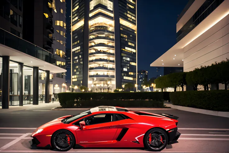 red lamborghini aventador　　precision and high quality　realistic three-dimensional feel　beautiful background　parked on the street...