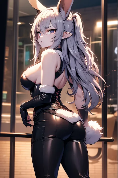 busty rabbit girl with dark grey fur, low ears, mean face, smoking, big natural breasts, large ass and thighs, small waist, tight skimpy black leather corset dress, tight leather thigh highs