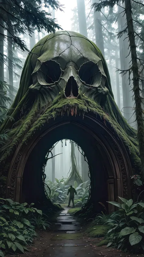 photo of a portal in shape of a giant moss covered skull in the dark forrest, warner brothers film style, mystic, psychodelic at...