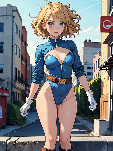 1girl, medium breasts, ((leotard, highleg leotard, light blue leotard)), (lighting bolt emblem on chest), bare legs, (tight belt), boots, matching boots, gloves, city backdrop, solo, single, standing, rear view, full body shot, cowboy shot, superhero, beau...