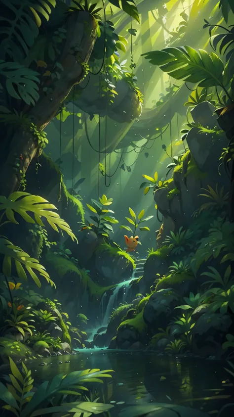 Tropical rainforest in the morning，Pixar cinematic style, best quality, movie stills, 