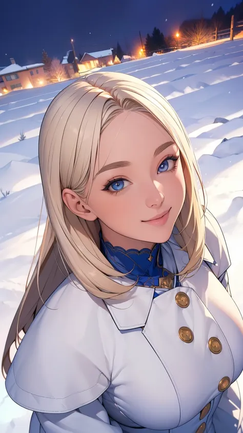 (masterpiece), (best quality), 1girl, (perfect face:1.2), (beautiful face:1.2), platinum blonde hair, (from above, upper body:1.3), happy, light smile, looking at viewer, pose, 
winter coat, outdoors, winter, snow, night time, intricate, depth of field, ci...