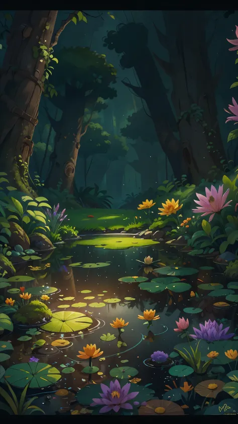 Evening rainforest，pond，flowers，Pixar cinematic style, best quality, movie stills, 