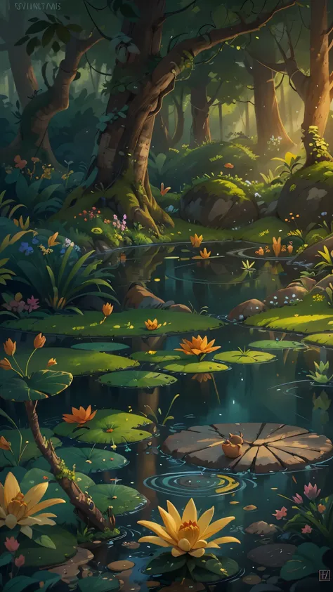 Evening rainforest，pond，flowers，Pixar cinematic style, best quality, movie stills, 