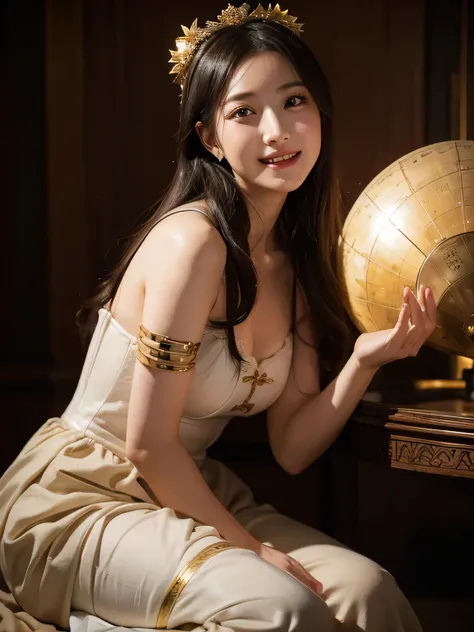 female mathematician、ancient greek costume、Astronomical machinery、antique、smile、、Sweet and seductive appearance、caravaggios paintings、caravaggio&#39;chiaroscuro、、キュートなsmile、expression of ecstasy、erotic、sexy 