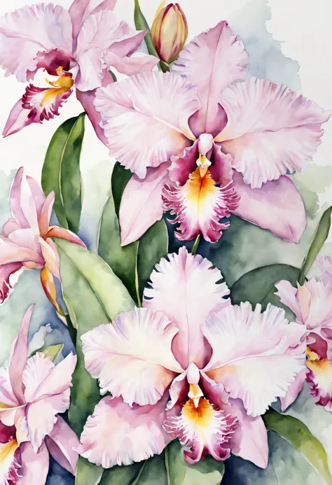 Watercolor flowers, Light pink cattleya, (masterpiece), (highest quality), (Ultra high detail)