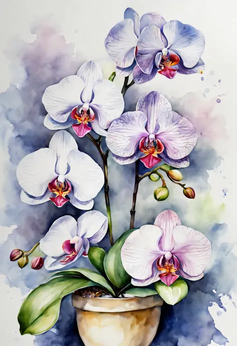 Watercolor flowers, Phalaenopsis, (masterpiece), (highest quality), (Ultra high detail)