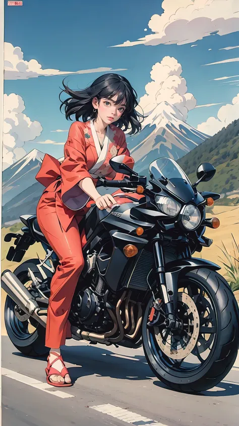 motorcycle woman on a long and winding mountain road, miyazaki hayao style，handdraw，japanese comics，anime style