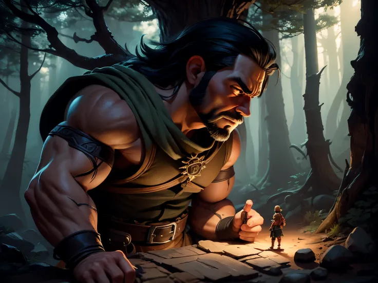 man ，strong muscles,Dark forest，Treasure hunt，Super details，cartoon，chiaroscuro，Hayao Miyazaki style，Mysterious Kasbah，Beautiful rendering，