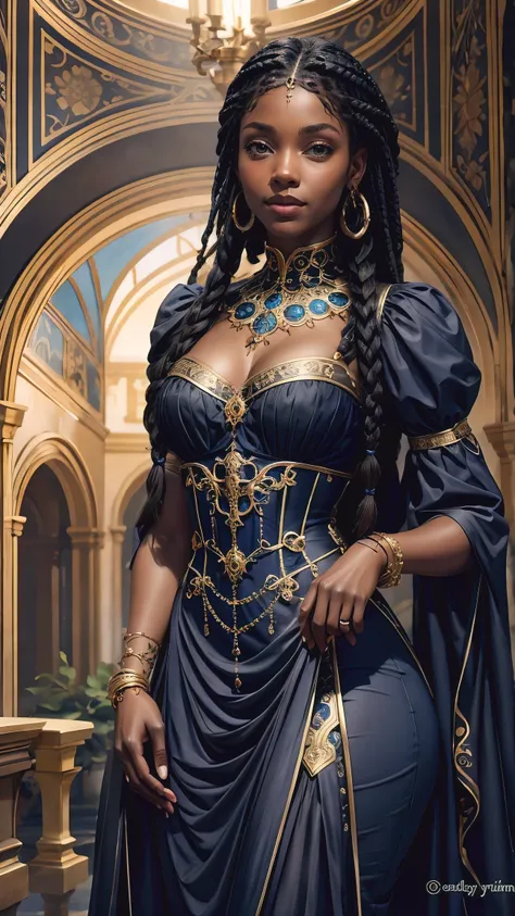 black model with braids looking beautiful in gold jewelry, blue eyes, in the style of brown and azure, highly realistic, in the ...