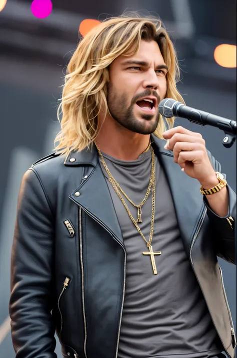 A heavy metal singer in a concert, he has a long straight blonde hair combed with a line in the middle of his hair, he has a Blond Bear, his  wearing a red leather jacket, a black button-down shirt and black leather pants wears a gold chain with a cross-sh...