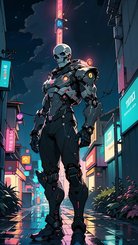 Robot Skull, armored, stealth, Character design, Highly detailed, Intricate details,Mechanical wonder, Cyberpunk, Cybernetic Guardian,male form,skull head,

(dynamic pose:1.0),solo focus,(centered,scale to fit dimensions,Rule of thirds),

cyberpunk city by...