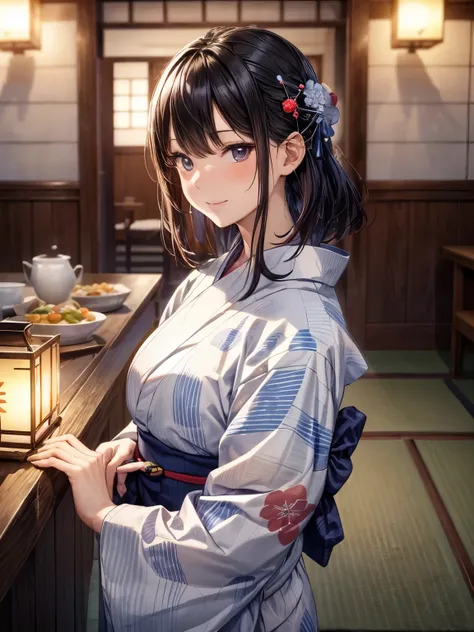 highest quality、complete limbs、full finger、1 beautiful woman、Beauty busty woman:1.3、black haired woman、medium hair woman、((A woman wearing a yukata at an inn:1.5))、Japanese-style room at the ryokan、futon、smile、naughty pose、Are standing