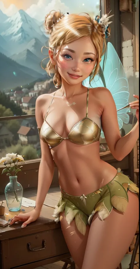 (Tinker Wife:1), smile, Tinker Bell、Feathers on the back、cute, cute pose, looking at the viewer, thick thighs, single hair bun hair, short hair, (Strapless Green Dress:1), (fairy wings), sitting, (chest focus:1.2), From above, 
(realistic:1.2), (realism), ...