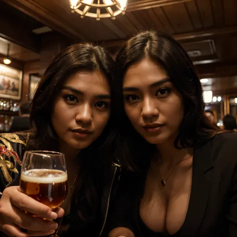 A man handsome Indonesian billionaire socialite 25 year old with beautiful girl 23 year old, in the pub with drink alcohol jack daniels bottle, and many more. Dramatic studio lighting, dramatic lighting, use husselblade camera,ultra realistic, 32K,vibrant....