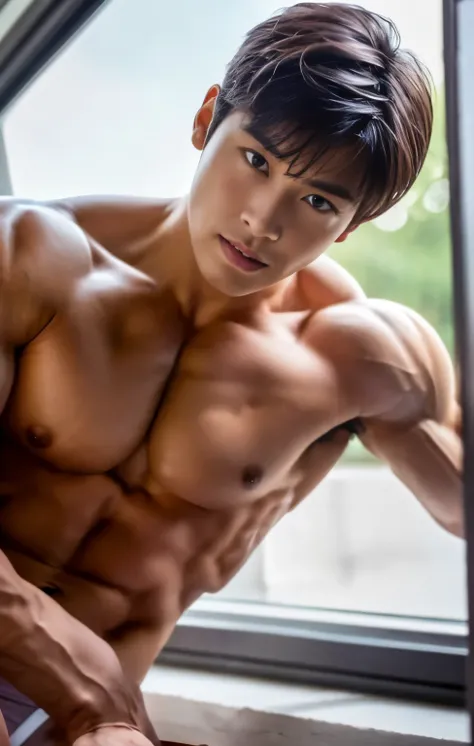 Masterpiece, Best Quality, Solo, Korean Men, bodybuilder, Muscular body, big muscle, Natural eyes, Short and delicate hair, Sexy Man, looking up at viewer, mens underwear, Erection, legs open, Muscular posture