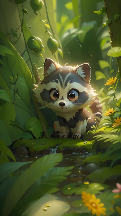 A cute little raccoon，playing in the woodront view, close up, Pixar cinematic style, best quality, movie stills, very cute, big eyes,  Birds and flowers around,  Rainforest,