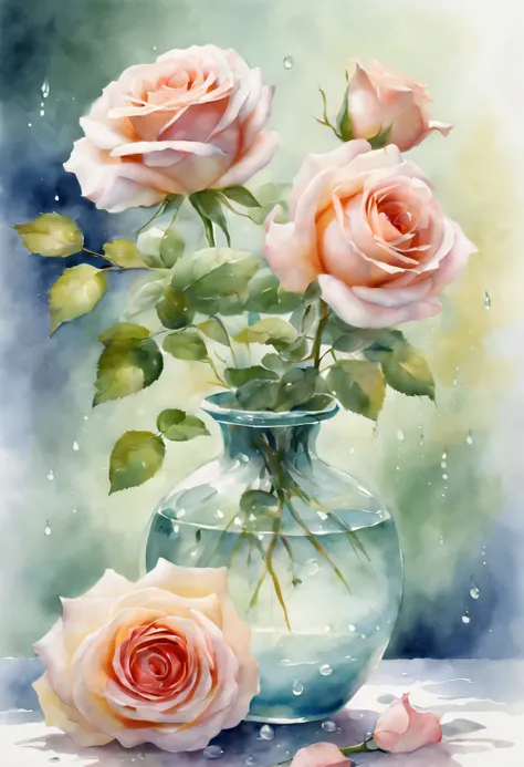 watercolor art：Beautiful roses in vase，Bright and airy background，gleaming water droplets，Lush green leaves，romantic atmosphere，artistic interpretation，impressionist style，smooth ingredienteautiful curved strokes、soft light、ethereal beauty、Colorful Palette...