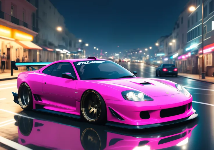 Pink spiked sports car parked on a city street at night, art deco supera anime estética, amazing wallpaper, estilo e cores outrun, Rua Neon, carros realistas, kodakchrome : : 8k, lindo papel de parede, Necessito de velocidade, estilo anime 4k, corpo largo,...