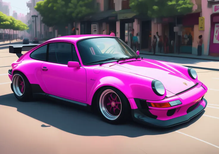 arafe porsche 911 rosa estacionado na beira da estrada, pintura realista, Altamente detalhado Hyper Real Retro, Porsche RSR |, obra-prima estilo vaporwave, estilo gta 6, estilo e cores outrun, esquema de cores synthwave, pintura de carro em ouro rosa escov...