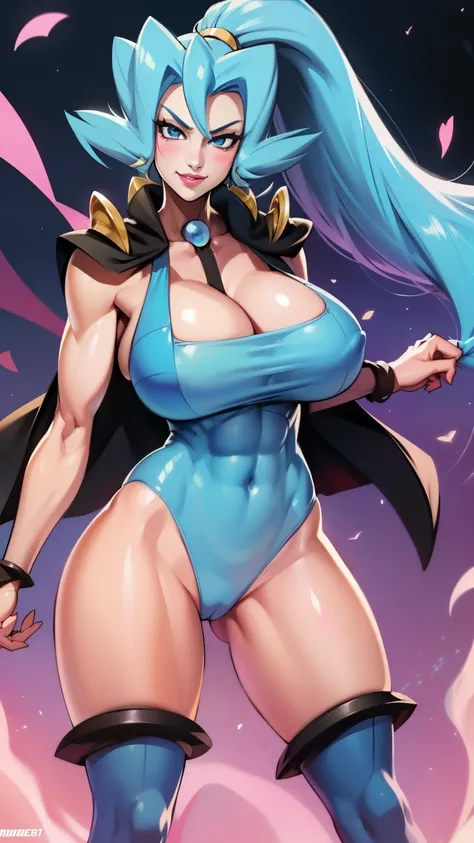 blush, smileglowing aura, natural light, masterpiece,  glossy skin, juicy lips , sexy, hot, cleavage, evil,juicy lips, bimbo, ((Clair)), pokemon, hour glass figure, blue hair,  (slendered abs:1.4), wide eyes, blue eyes, (gigantic breasts:1.2), ponytail, da...