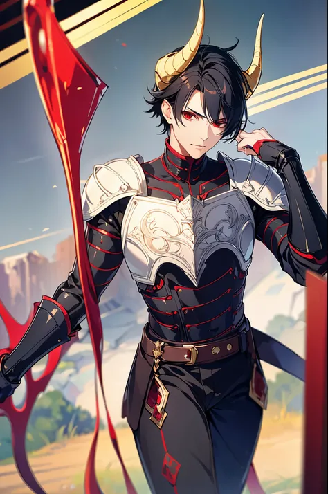 1 man, horns, red eyes, armor, short black hair, standing on ground, high res, ultra sharp, 8K, masterpiece