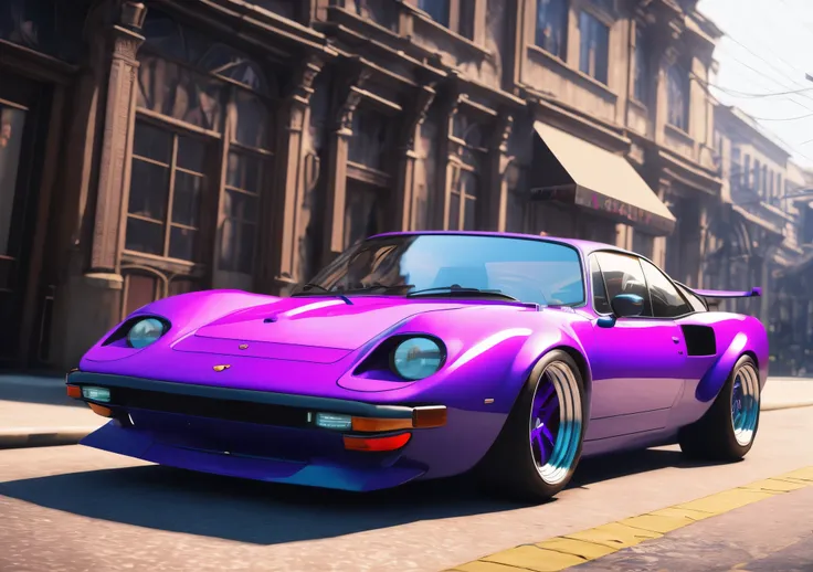 purple car parked on the side of the road in front of a building, Altamente detalhado Hyper Real Retro, estilo gta 6, rastreamento de raio ativado, estilo miura kentaro, rastreamento de raios octanos, carros realistas, rastreamento de raio x, estilo de art...