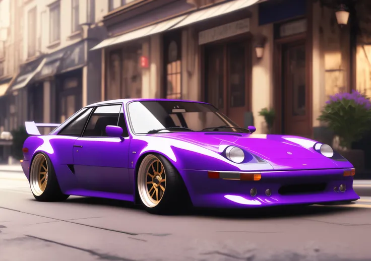 purple car parked on the side of the road in front of a building, corpo largo, Altamente detalhado Hyper Real Retro, hyperrealistic octane rendering, estilo miura kentaro, carros realistas, kodakchrome : : 8k, inspirado em Kentaro Miura, hyper realistic oc...