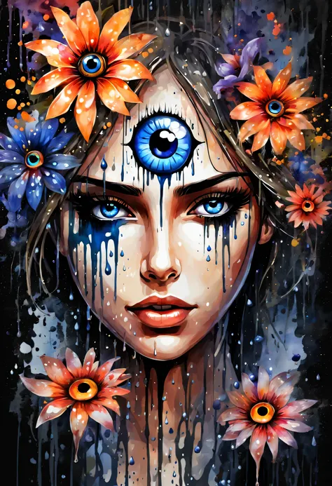 watercolor paint, center position of danger girl head with beauty face, evil eye flower, on darkest splash, around dark-fantasy ...