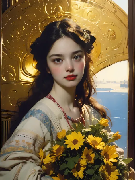 painting of a woman holding a bouquet of sunflowers in front of a golden background, hyperrealistic art nouveau, chie yoshii, andrey remnev, by Yamagata Hiro, mucha klimt and tom bagshaw, inspired by J. C. Leyendecker, inspired by J.C. Leyendecker, inspire...