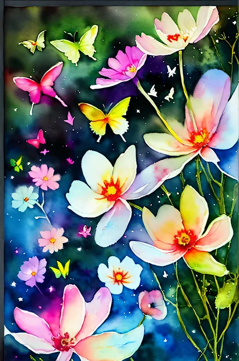 dark fantasy flower core, watercolor paint of illustration, cosmos, lake, dim glow road, beautiful flower, dynamic angle, swallowtail butterfly like fairly,