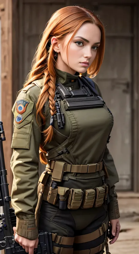 masterpiece, highest quality, RAW, analog style, a stunning photo of a (beautiful woman), (ginger single back braid), ((hair wrap)), (special forces suit), (M16 rifle), (military base on the background), (highly detailed skin, skin details), full body view...