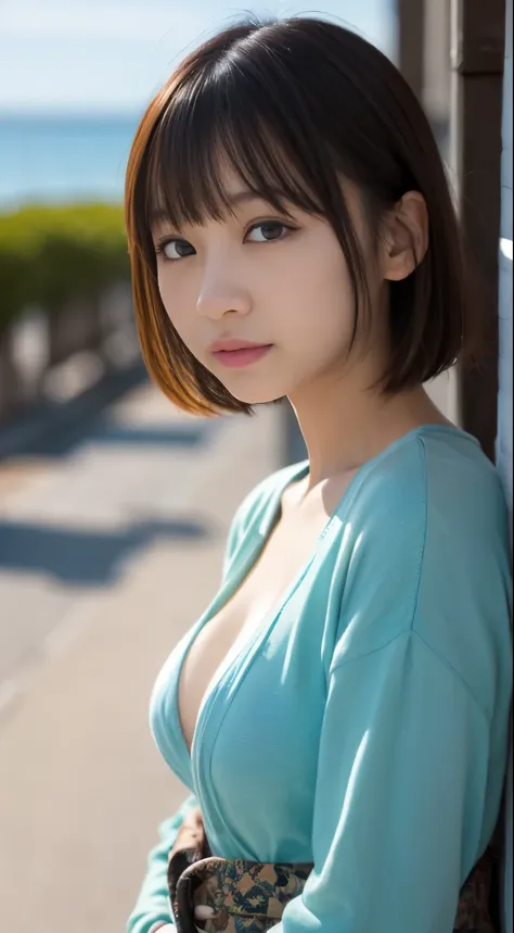 japanese girl、16 year old girl、small breasts、perfect breasts、perfect skin、wet hair、perfect、blonde、bangs、brown eyes、short hair、サイズの合ってない大きめの細かくラメが散りばめられたlusterのあるベージュのビキニ、Floral pareo、luster、Luminous、Change of clothes、Ocean、wide angle camera、Strong sunlight...