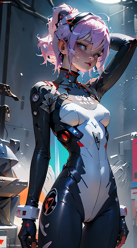 ((highest quality)), ((masterpiece)), (become familiar with: 1.4), (absurd), light-skinned lolita with micro bikini, Genesis evangelion neon style clothing, red and white stripes, A white star on a blue arm, 2 pieces clothing, colored hair, arm tattoo, cyb...