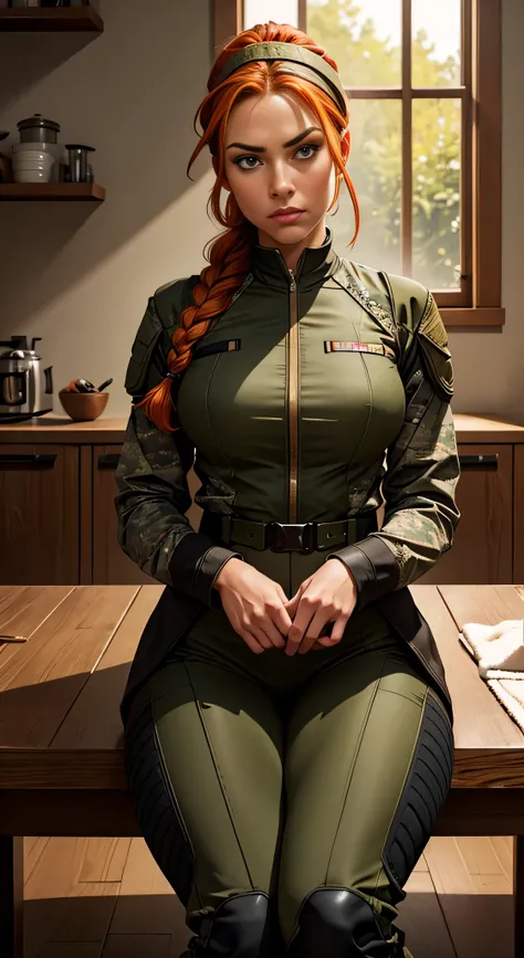 masterpiece, highest quality, RAW, analog style, a stunning photo of a (beautiful woman), (ginger braided ponytail), ((hair wrap)), (special forces suit), (cleaning her pistol), (sitting on the chair), (military base on the background), (highly detailed sk...