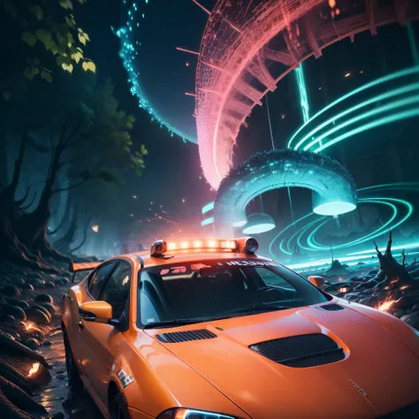 view camera the blue and orang bug car behide of the mushrooms, in the wood on the dark night, neon color, realistic, realphoto, colorful, 32k, fantasy world, sci-fi, surrounded by red and orange and green and blue sparks, bright light, muted colors, hyper...